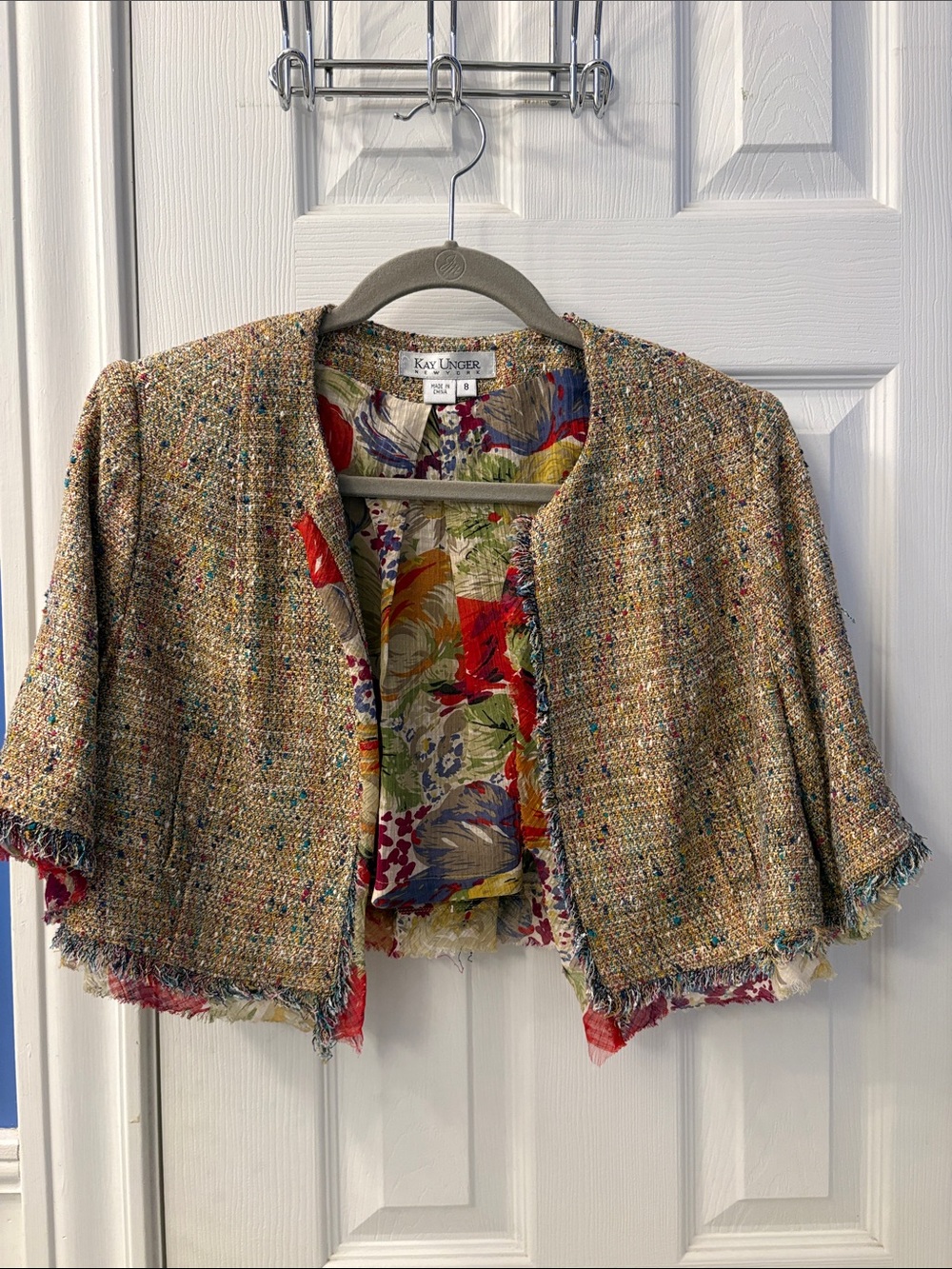 Kay Unger Beige Multicolor Tweed Cropped Jacket with Floral Cotton Lining